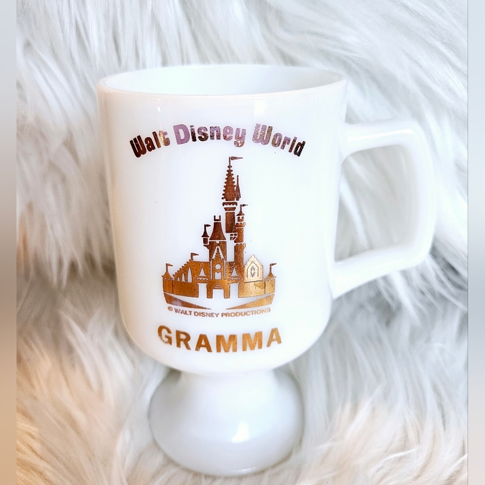 Vintage Walt Disney World Gramma Milkglass Footed Mug Gold Script